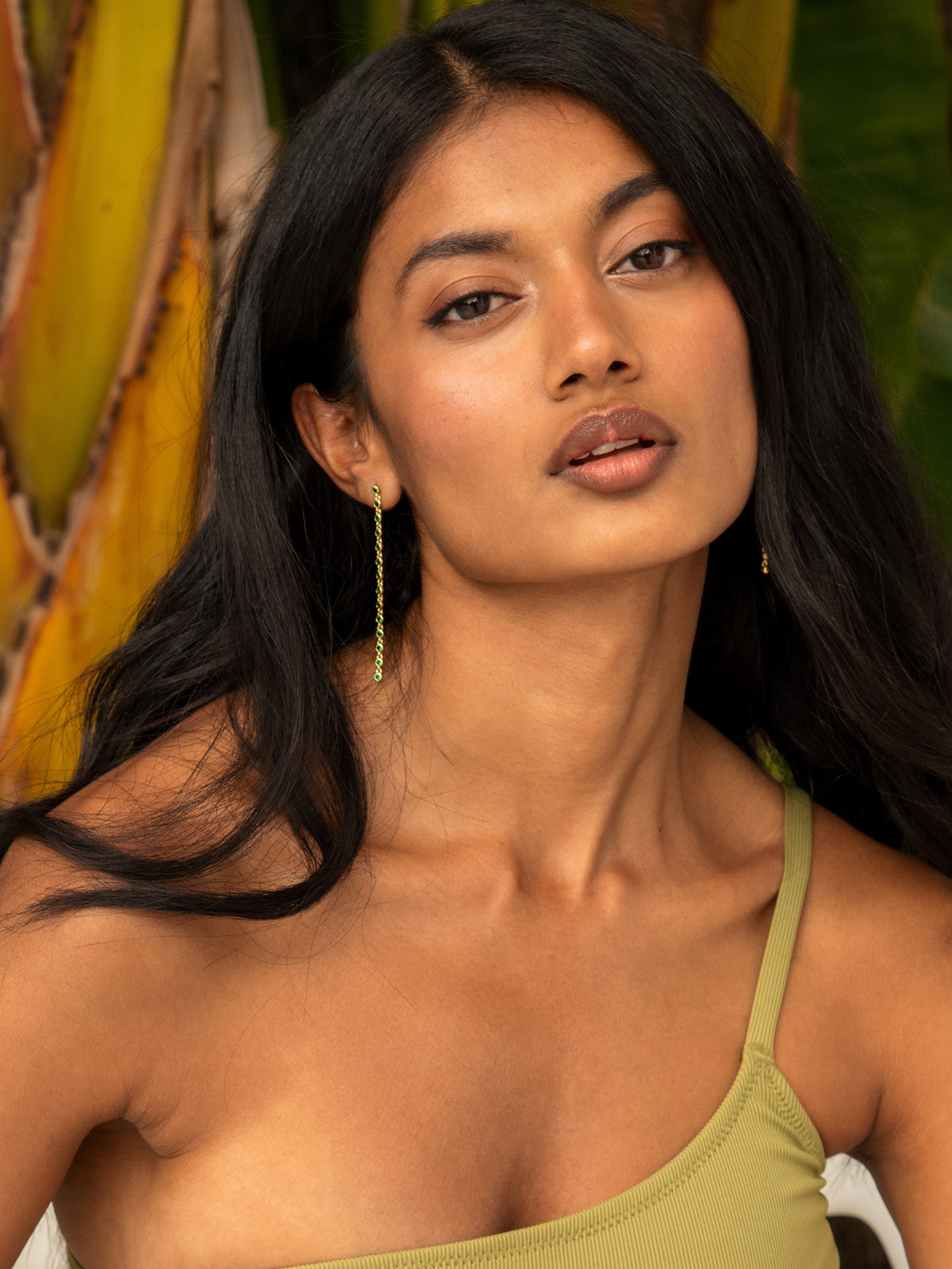 Long Dangle Stud Earrings With Emerald Green Stones