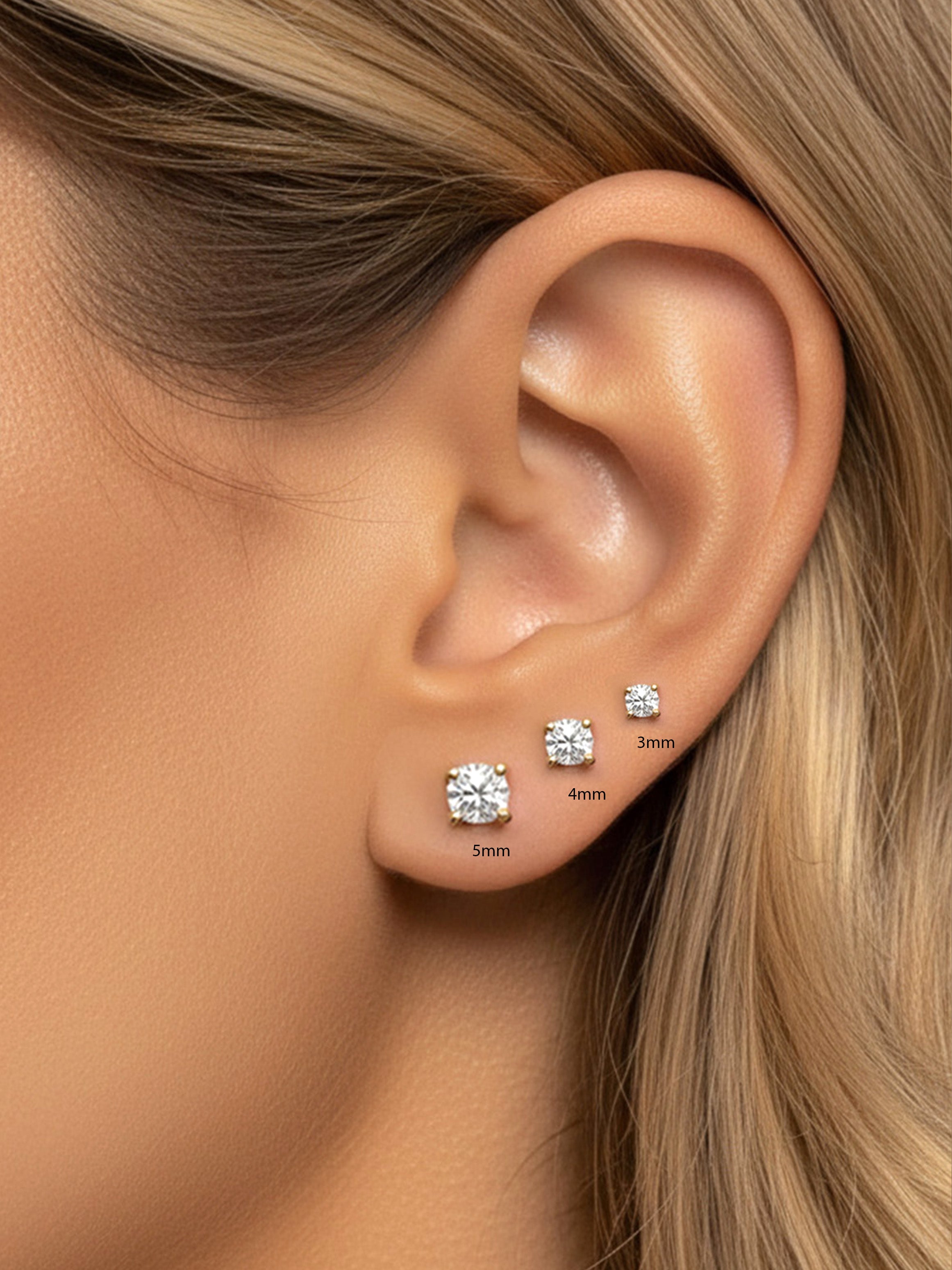 Boucles d'oreilles solitaires en pierre ronde de 3, 4 ou 5 mm - Fermoir à vis