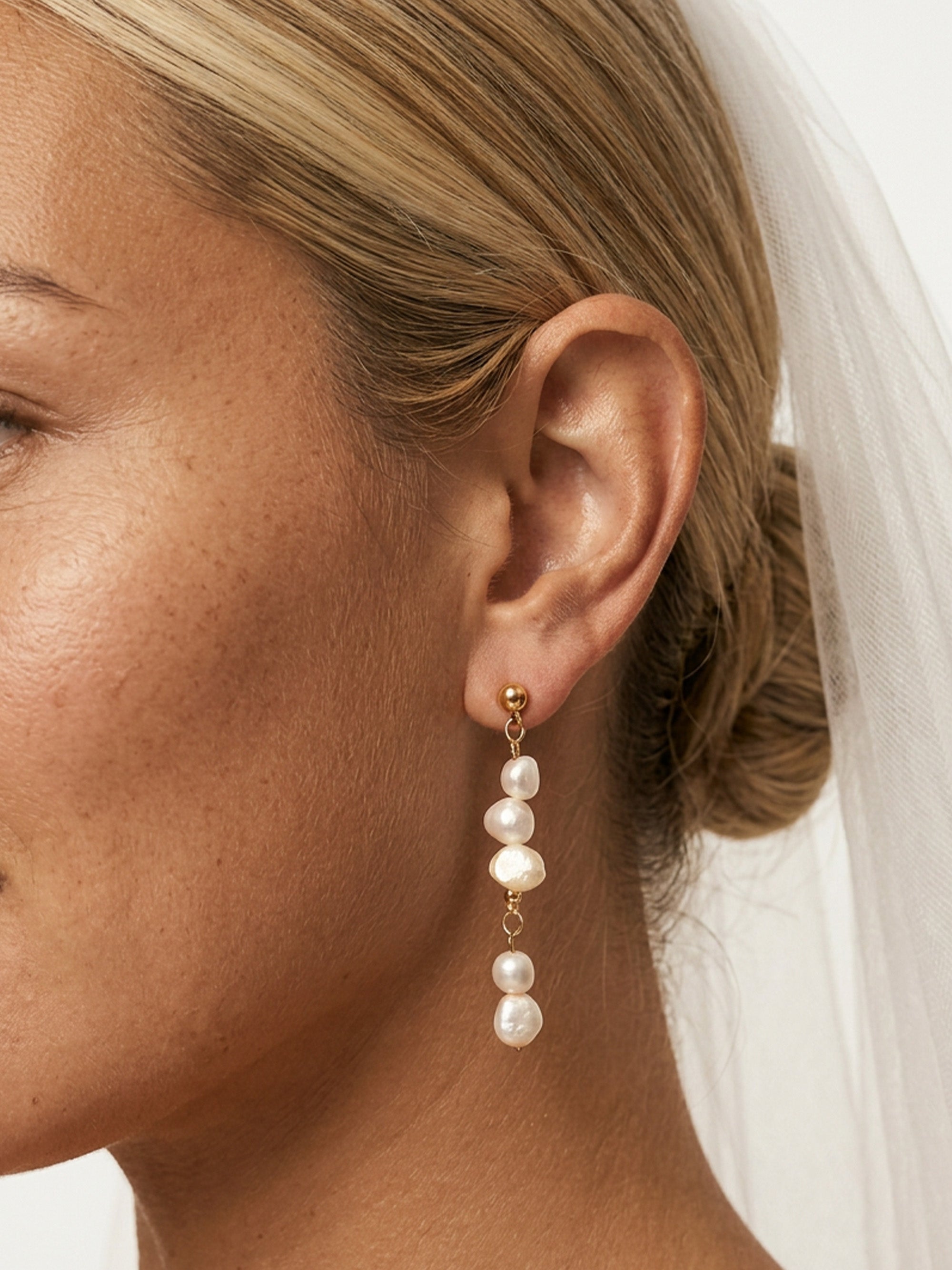 Bridal Long Drop Pearl Stud Earrings