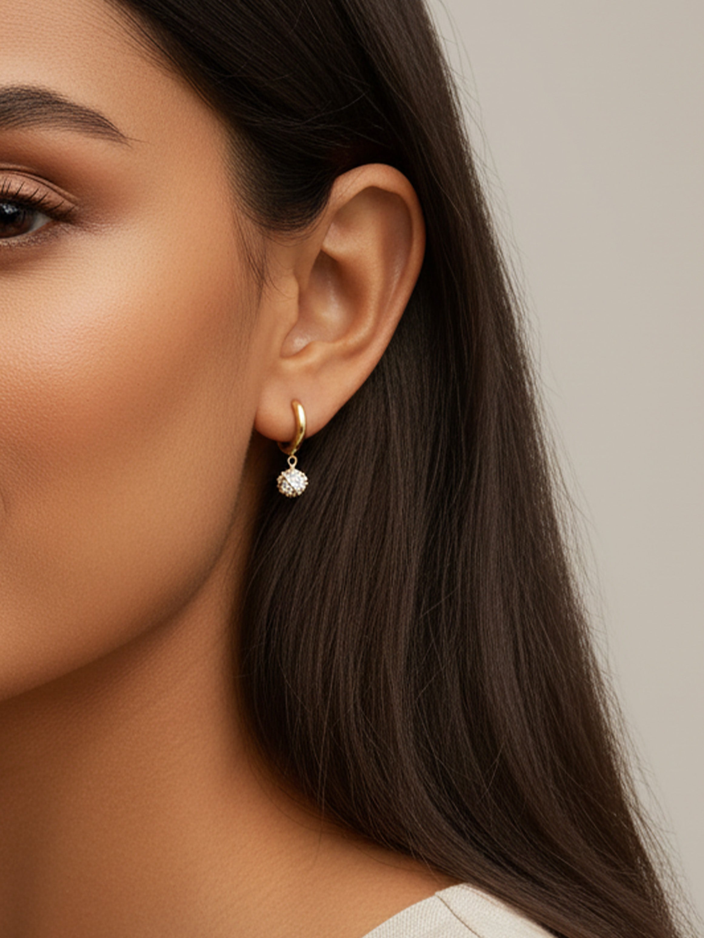 Dainty Huggie Hoop Earrings With Round Stone