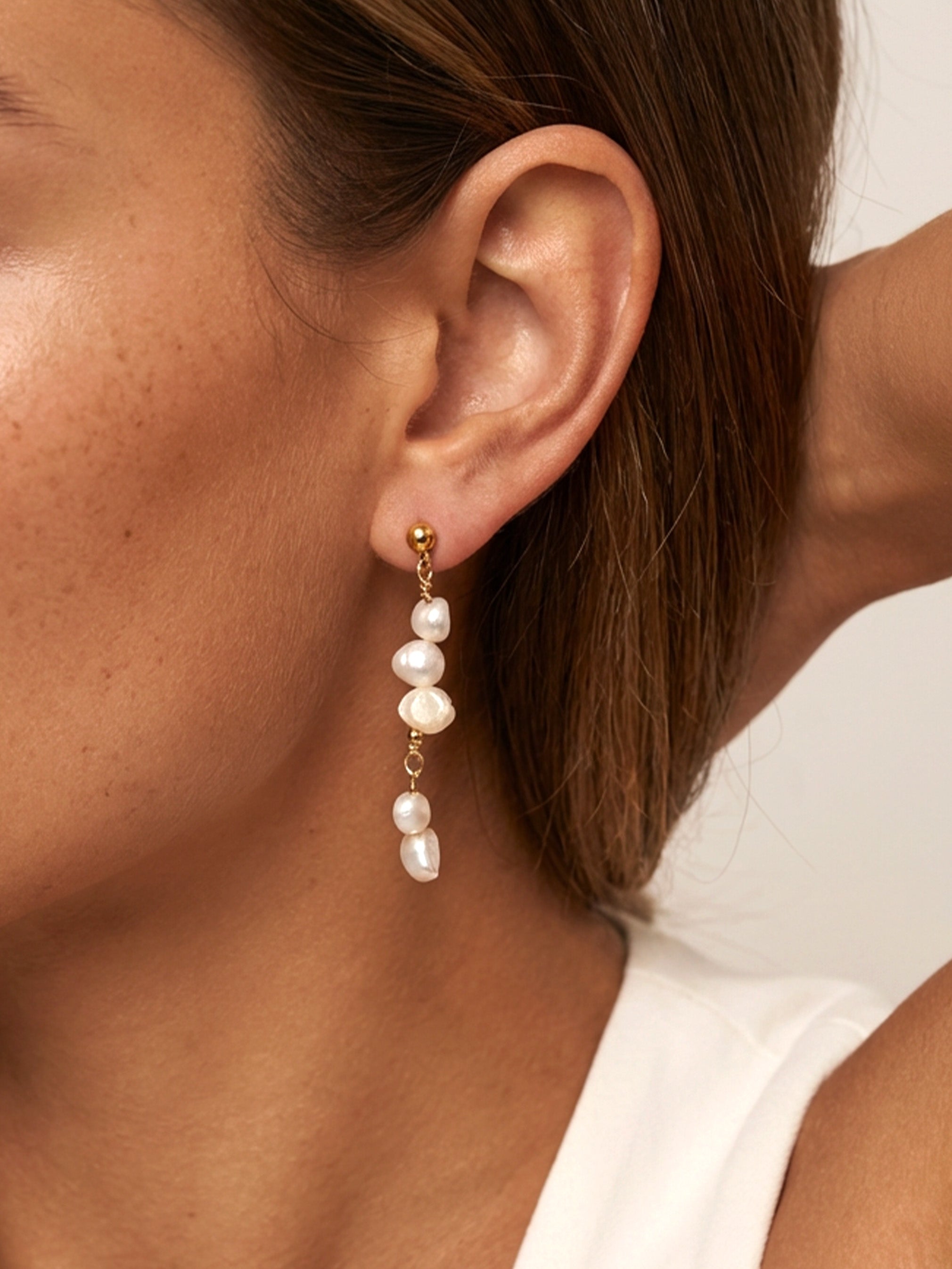 Bridal Long Drop Pearl Stud Earrings
