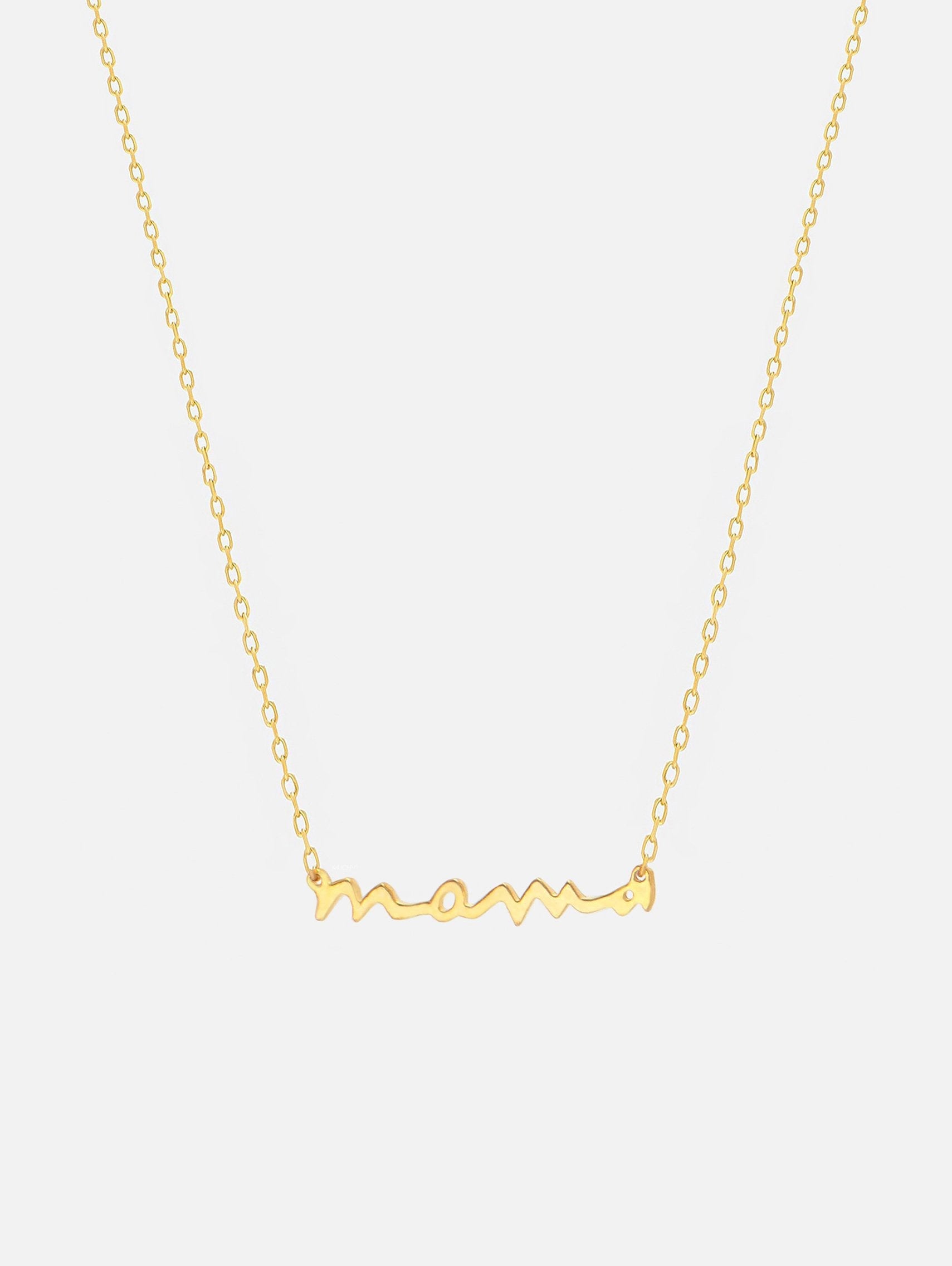 Gold necklace with the word mama in a handwritten script style.